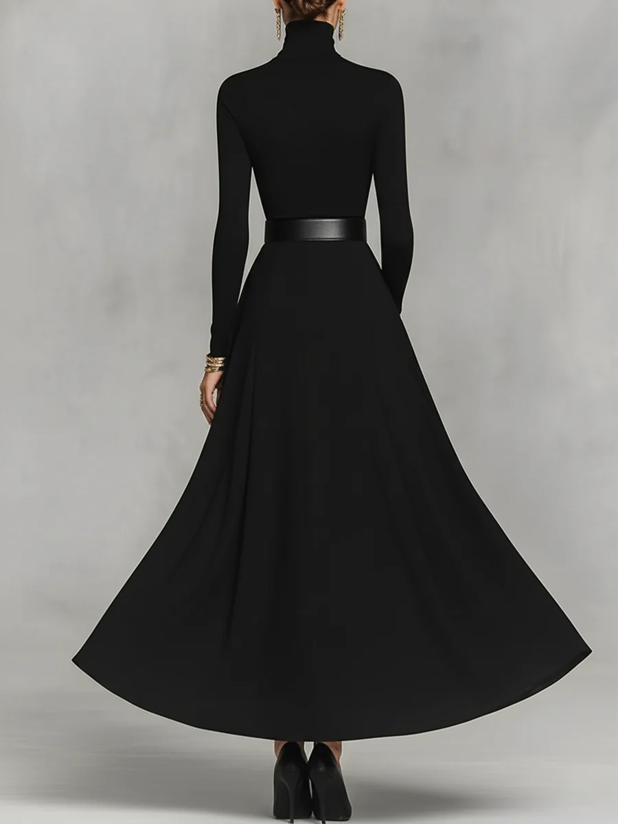 Black Knit Elegant High Neck Button Detail Maxi Dress(with belt)-thevervian