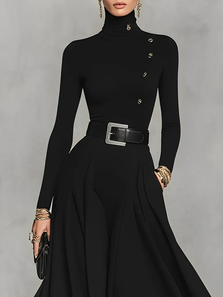 Black Knit Elegant High Neck Button Detail Maxi Dress(with belt)-thevervian