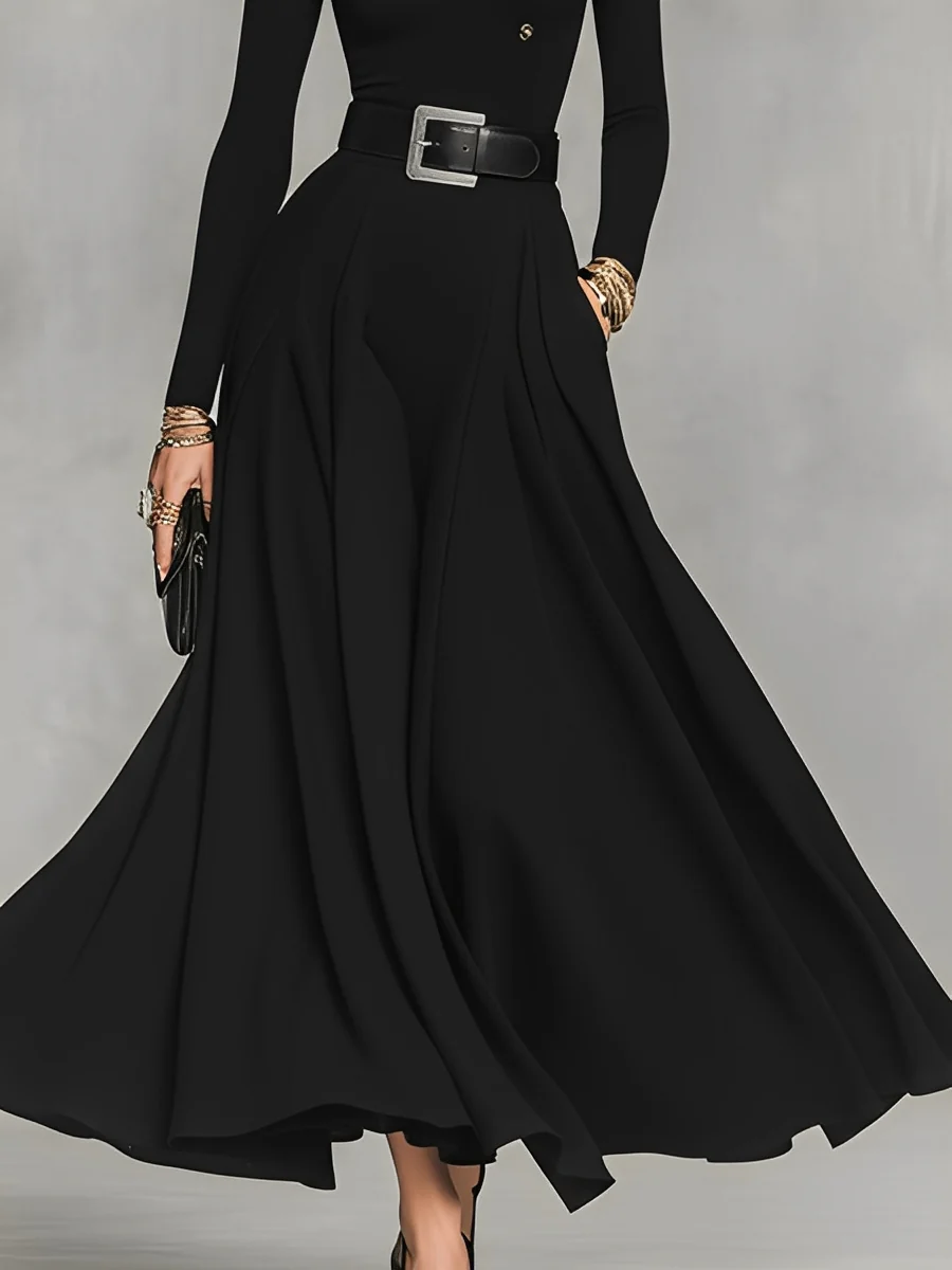 Black Knit Elegant High Neck Button Detail Maxi Dress(with belt)-thevervian