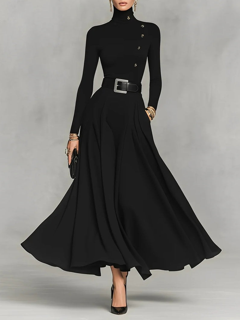 Black Knit Elegant High Neck Button Detail Maxi Dress(with belt)-thevervian