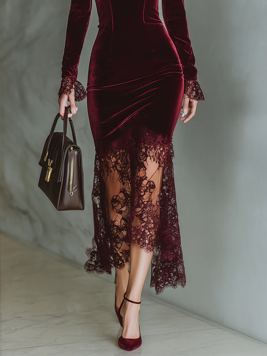 Burgundy Square Neck Velvet Lace Fitted Midi Dress-thevervian