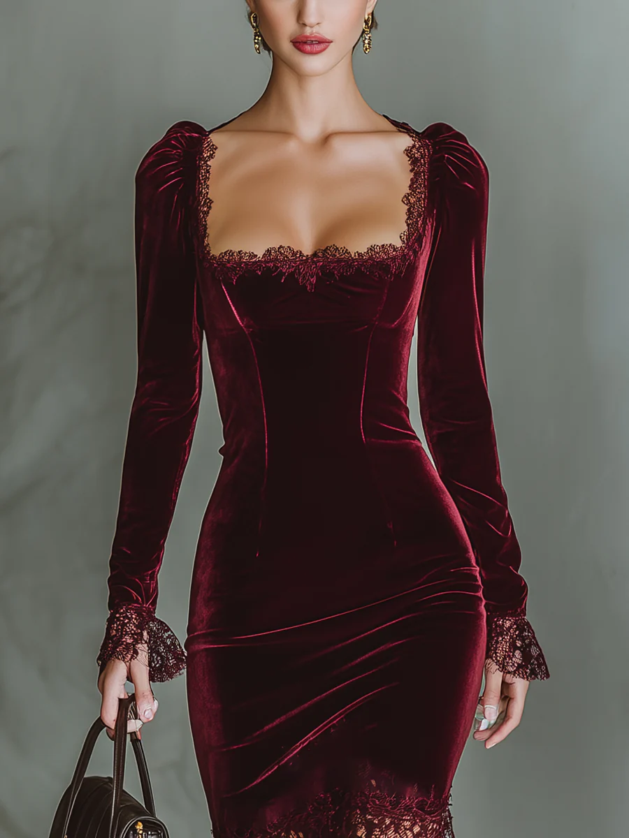 Burgundy Square Neck Velvet Lace Fitted Midi Dress-thevervian