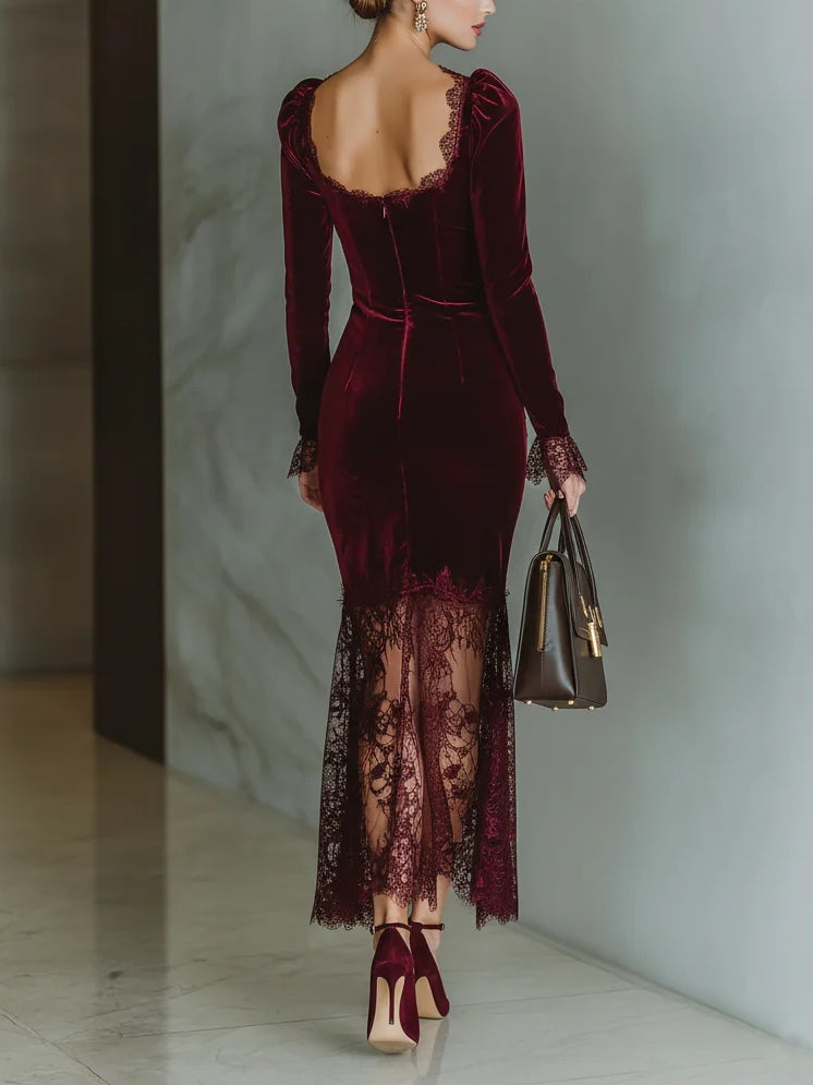 Burgundy Square Neck Velvet Lace Fitted Midi Dress-thevervian