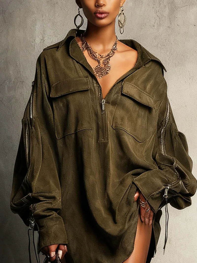 Olive Green Faux Suede Pocket Zip-up Shirt Dress-thevervian