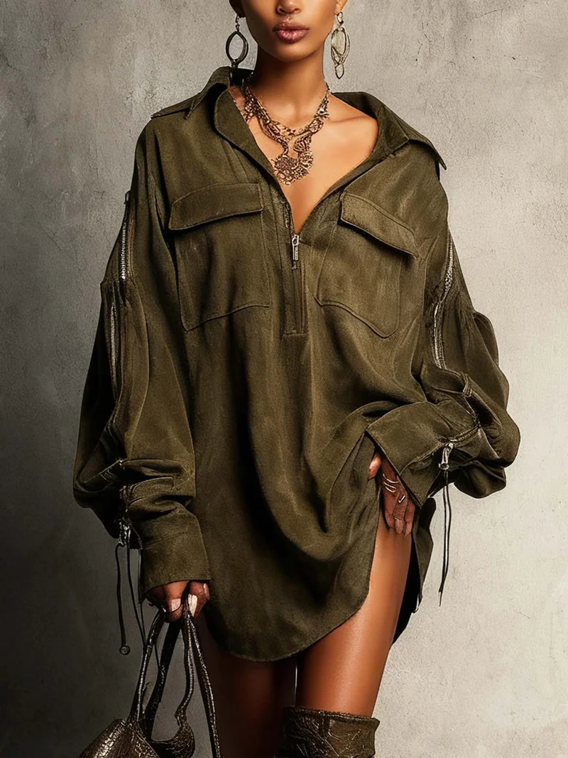Olive Green Faux Suede Pocket Zip-up Shirt Dress-thevervian