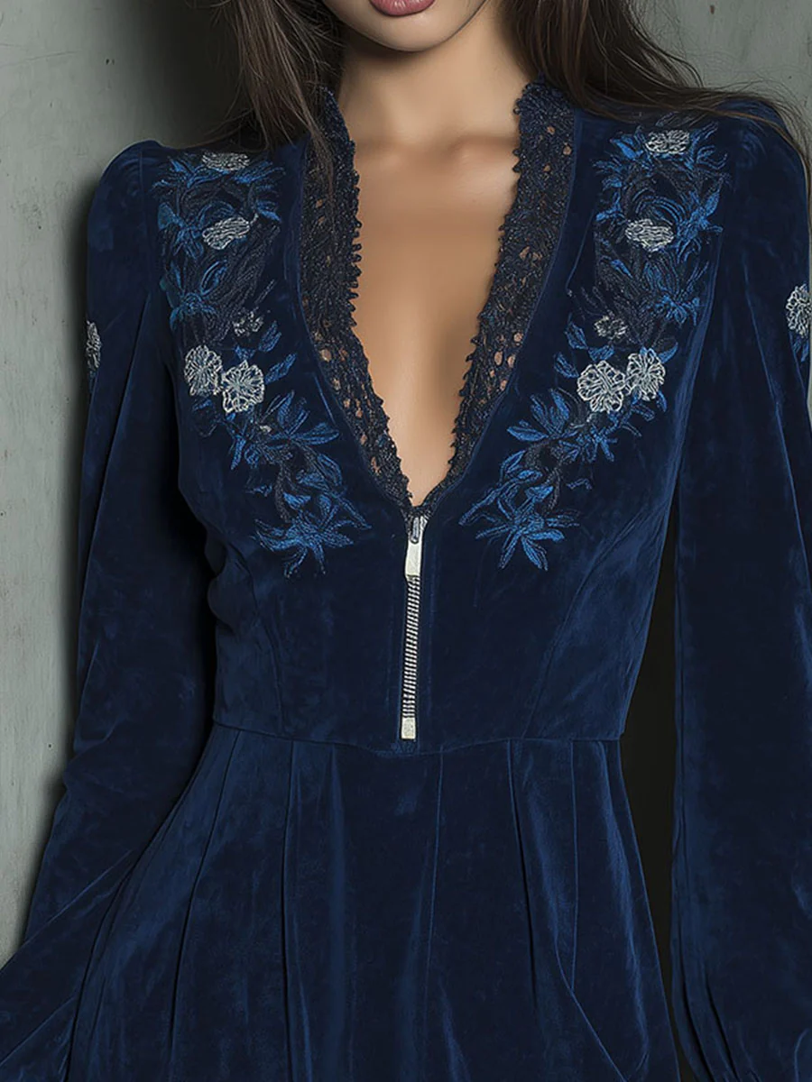 Navy Velvet Embroidered Lace Trim & Zip-Front Mini Dress-thevervian