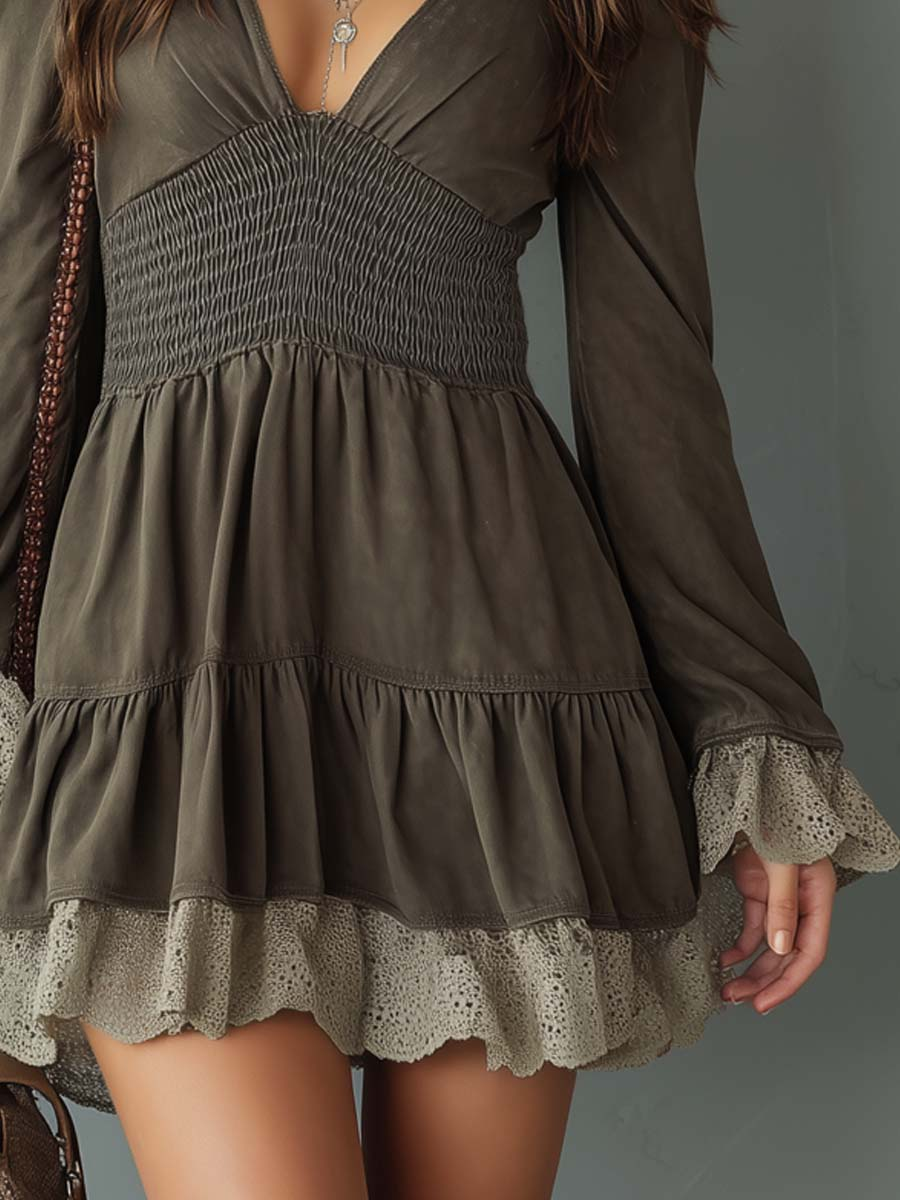 Retro Smocked Waistline Lace Trim Suede Mini Dress-thevervian
