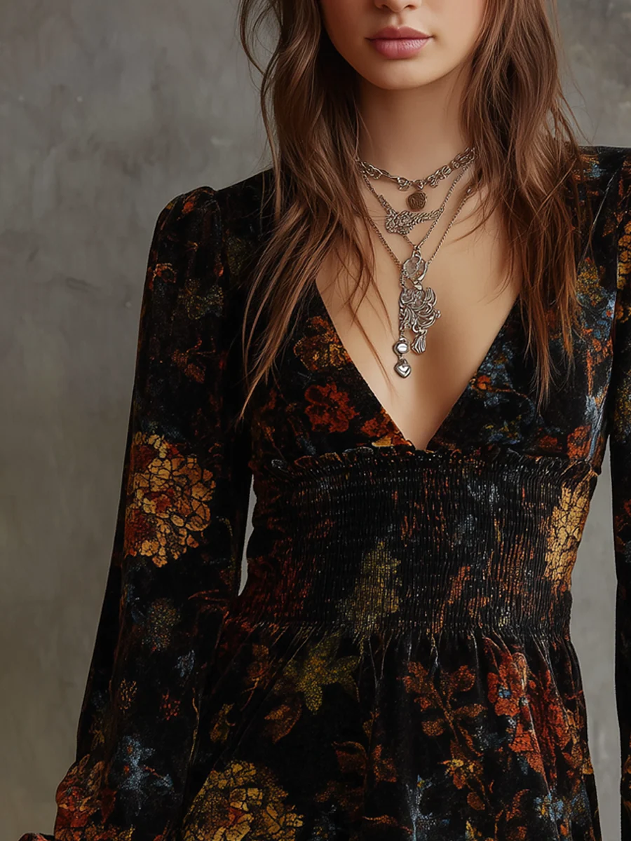 Retro Floral Print Pleated Waist Velvet Mini Dress-thevervian