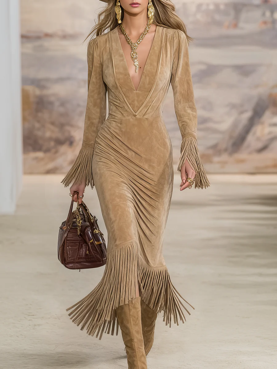 Camel-colored V-neck Faux Suede Tassel Maxi Dress-thevervian