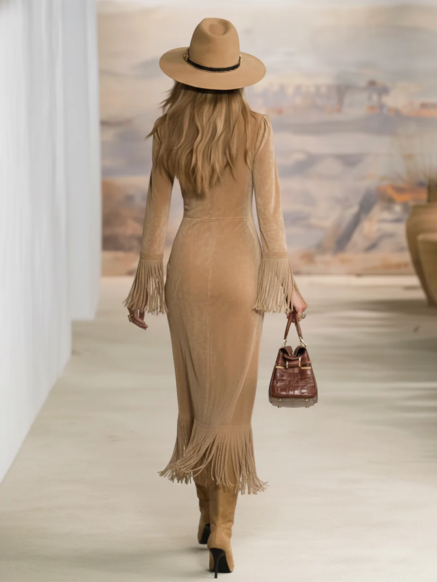 Camel-colored V-neck Faux Suede Tassel Maxi Dress-thevervian