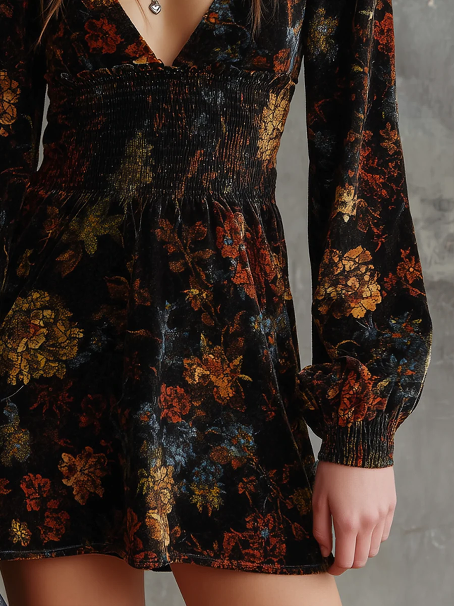 Retro Floral Print Pleated Waist Velvet Mini Dress-thevervian