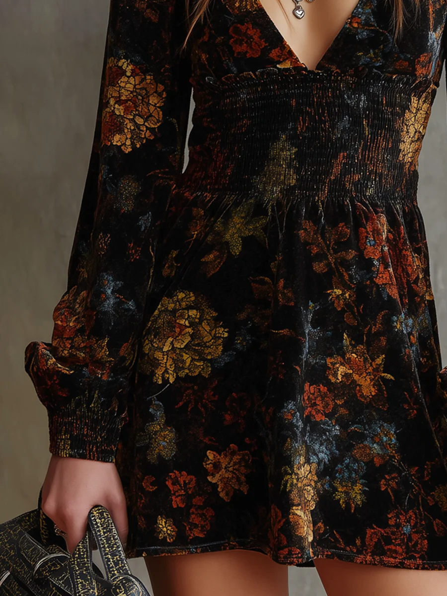 Retro Floral Print Pleated Waist Velvet Mini Dress-thevervian