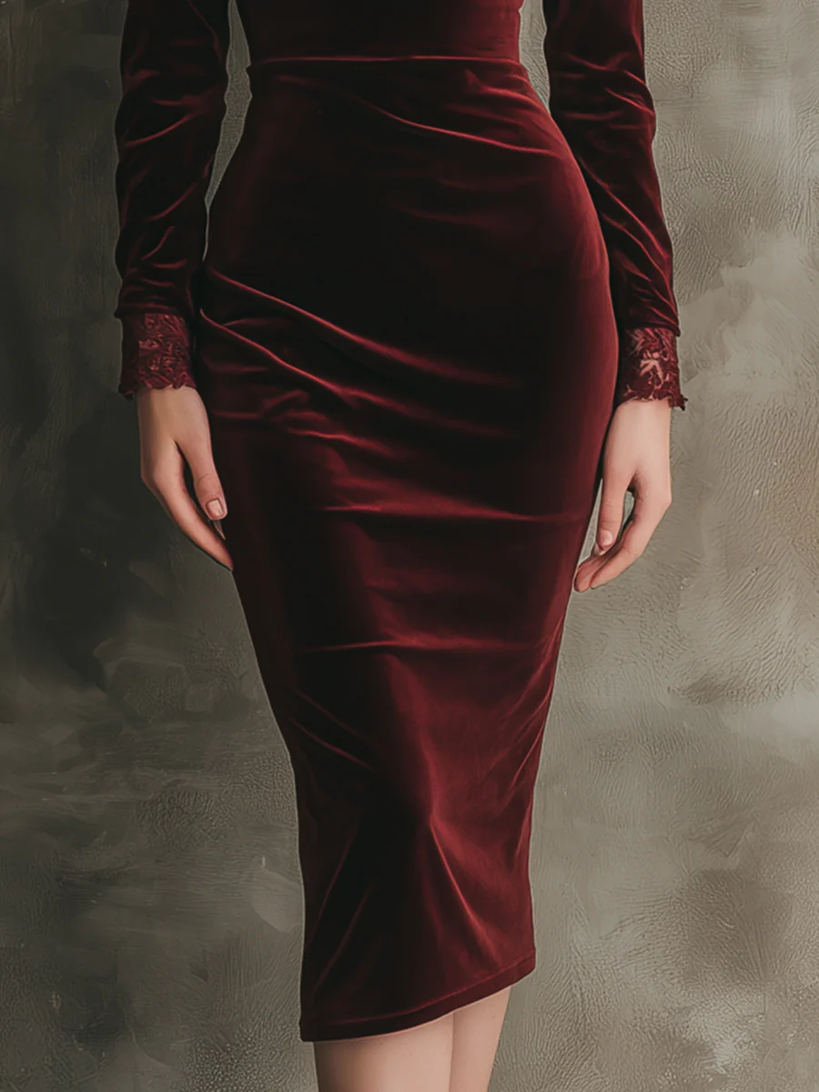 Quietly Luxurious And Elegant Lace Velvet Midi Dress-thevervian