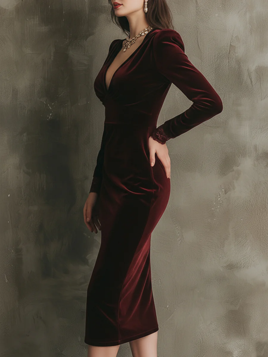 Quietly Luxurious And Elegant Lace Velvet Midi Dress-thevervian