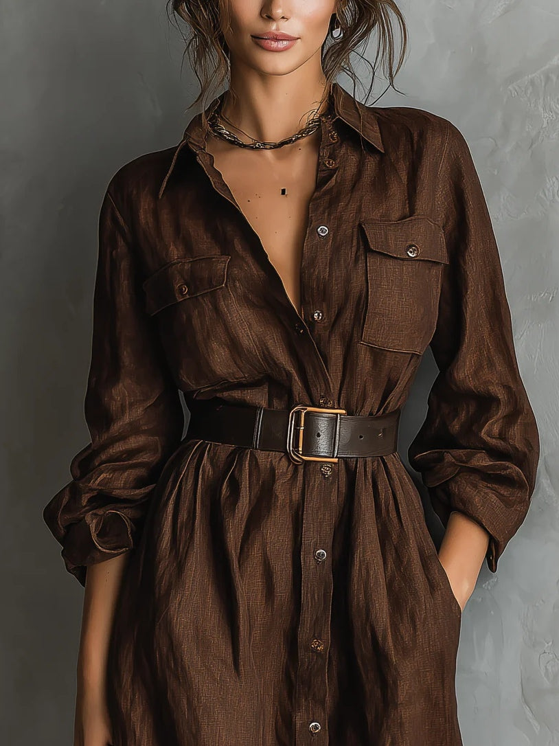 Brown Loose-fitting Chest Pocket Long-sleeved Shirt Dress（With belt）-thevervian