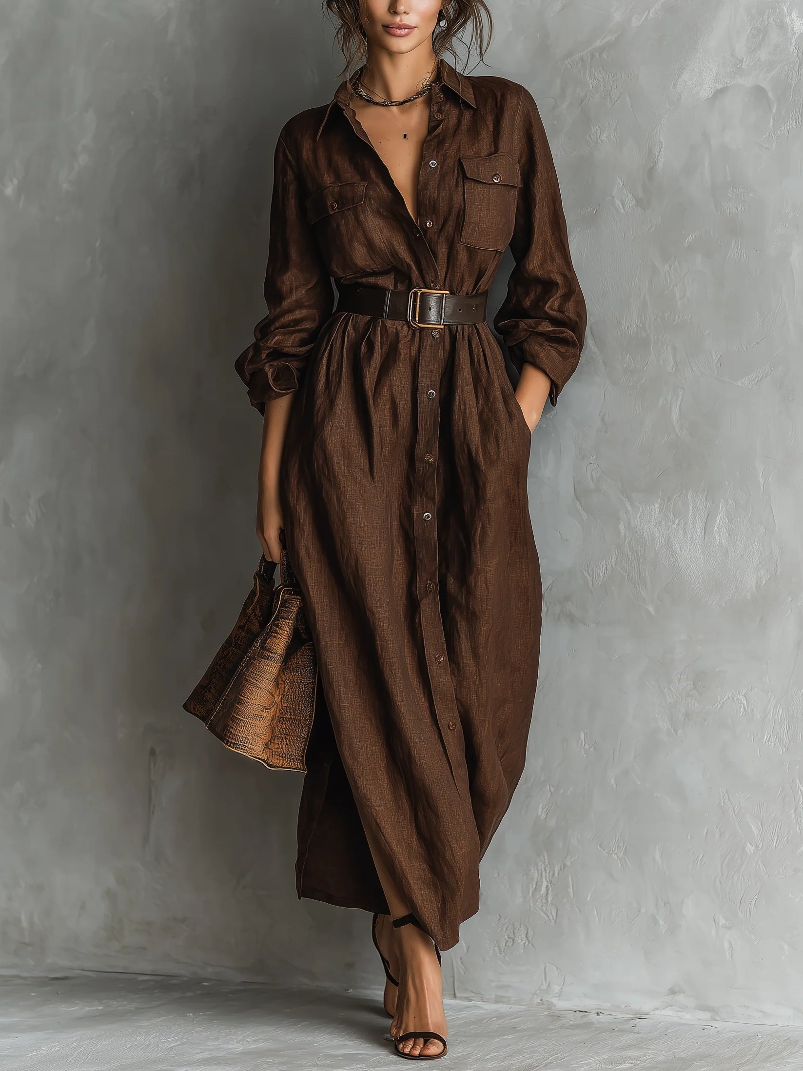 Brown Loose-fitting Chest Pocket Long-sleeved Shirt Dress（With belt）-thevervian