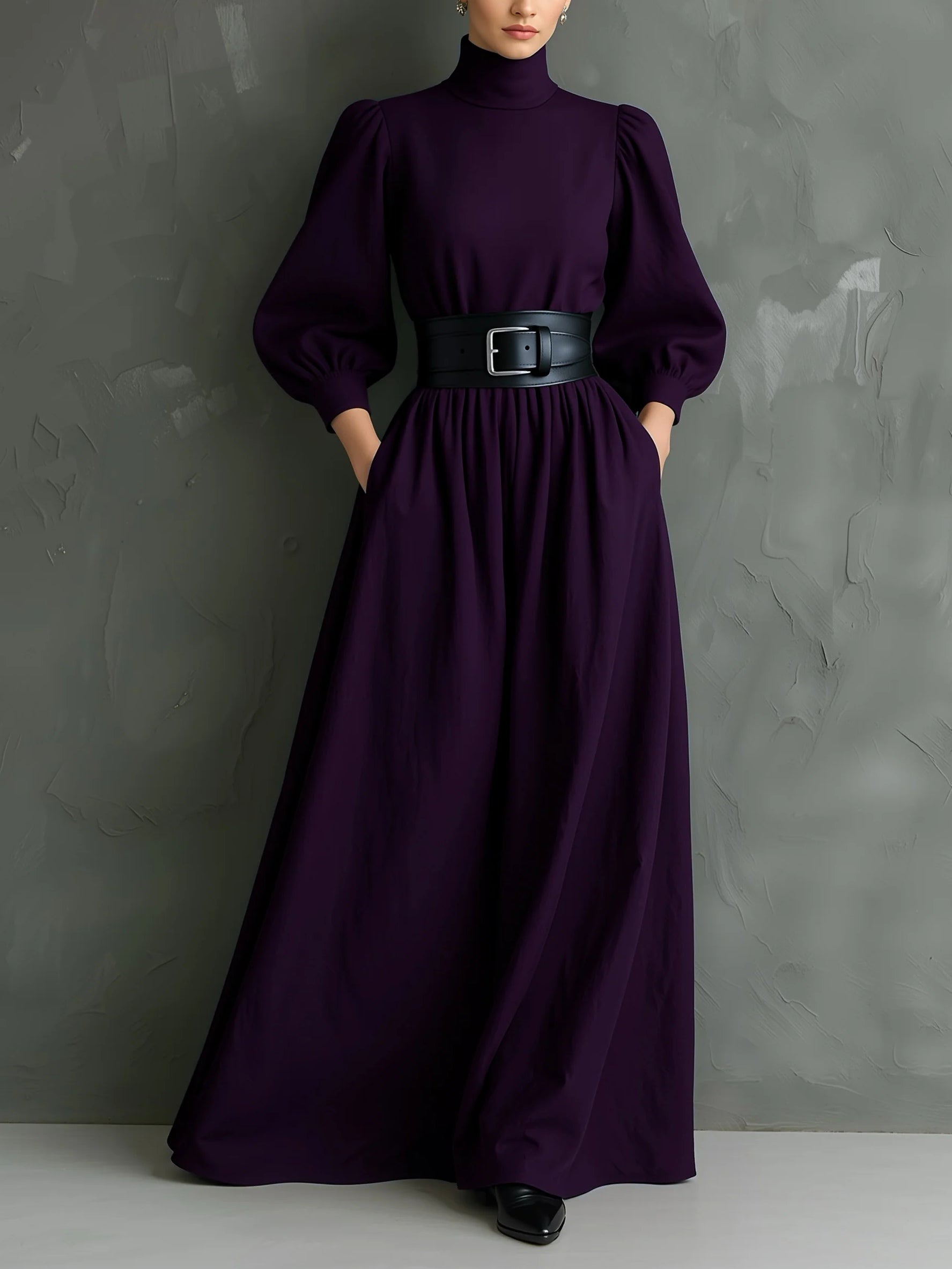 Elegant Dark Purple Turtleneck Long-sleeved Fitted Maxi Dress (with belt)-thevervian