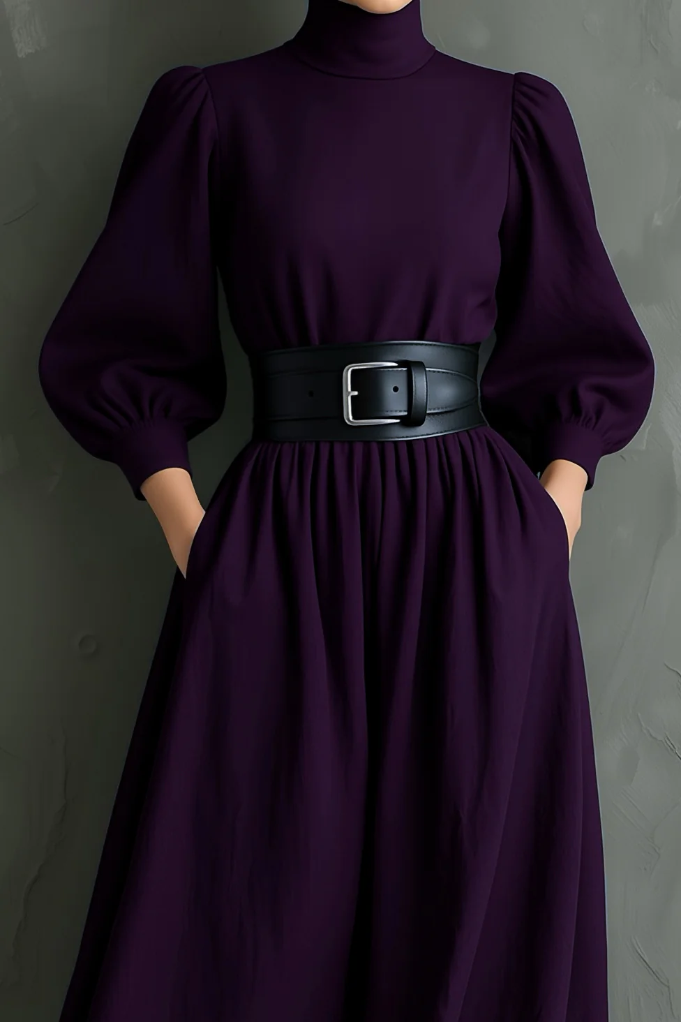 Elegant Dark Purple Turtleneck Long-sleeved Fitted Maxi Dress (with belt)-thevervian