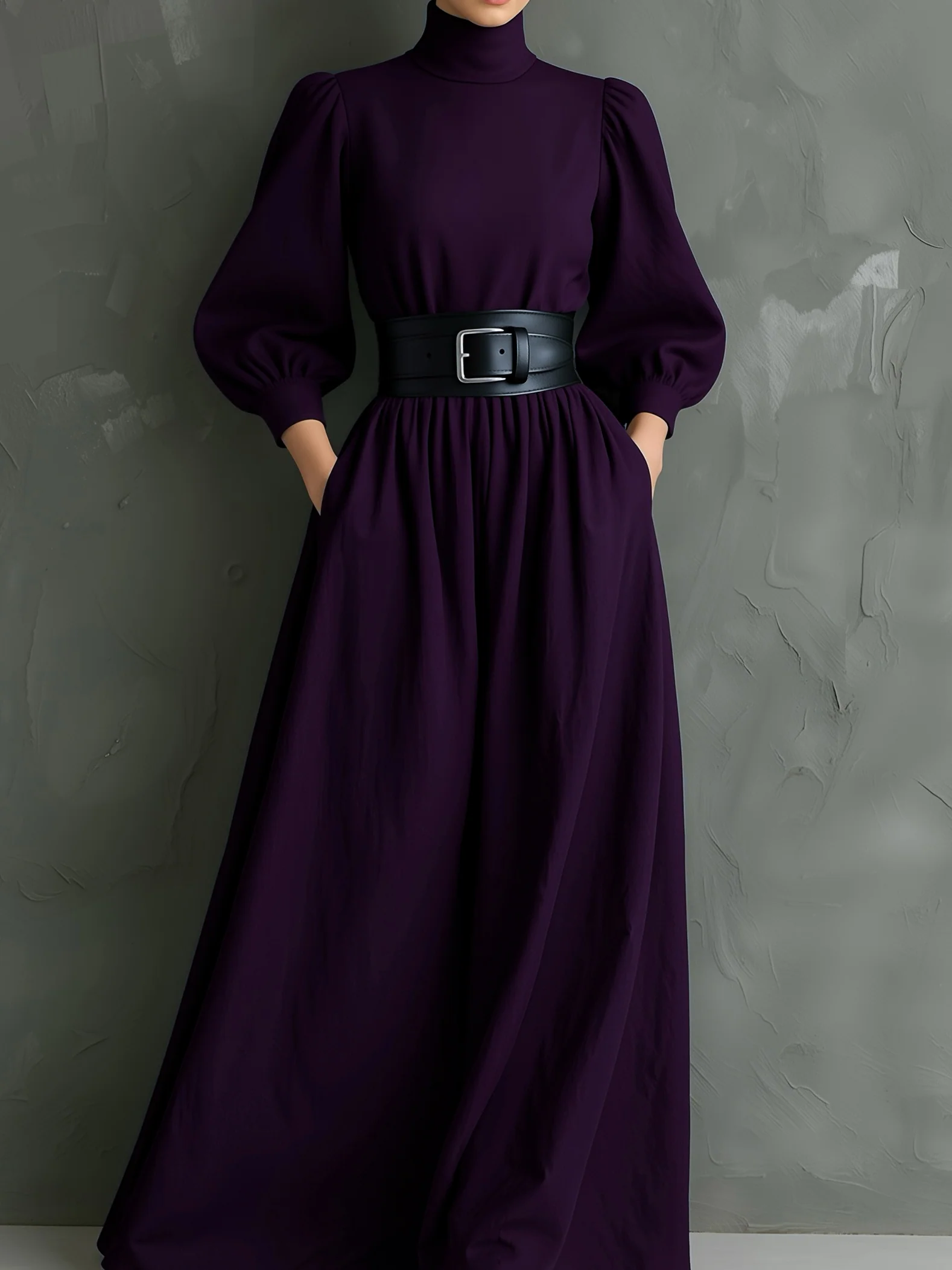 Elegant Dark Purple Turtleneck Long-sleeved Fitted Maxi Dress (with belt)-thevervian