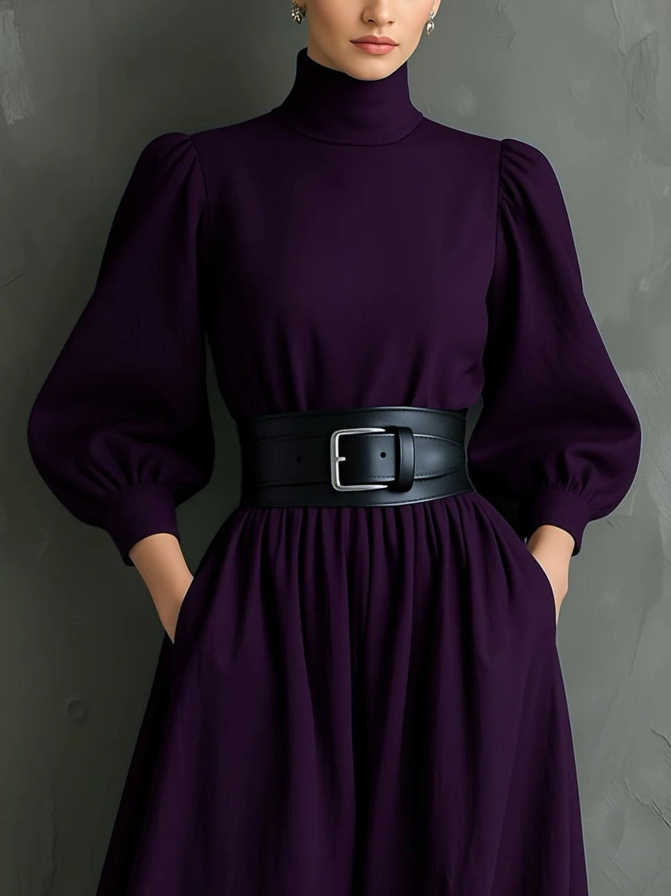 Elegant Dark Purple Turtleneck Long-sleeved Fitted Maxi Dress (with belt)-thevervian