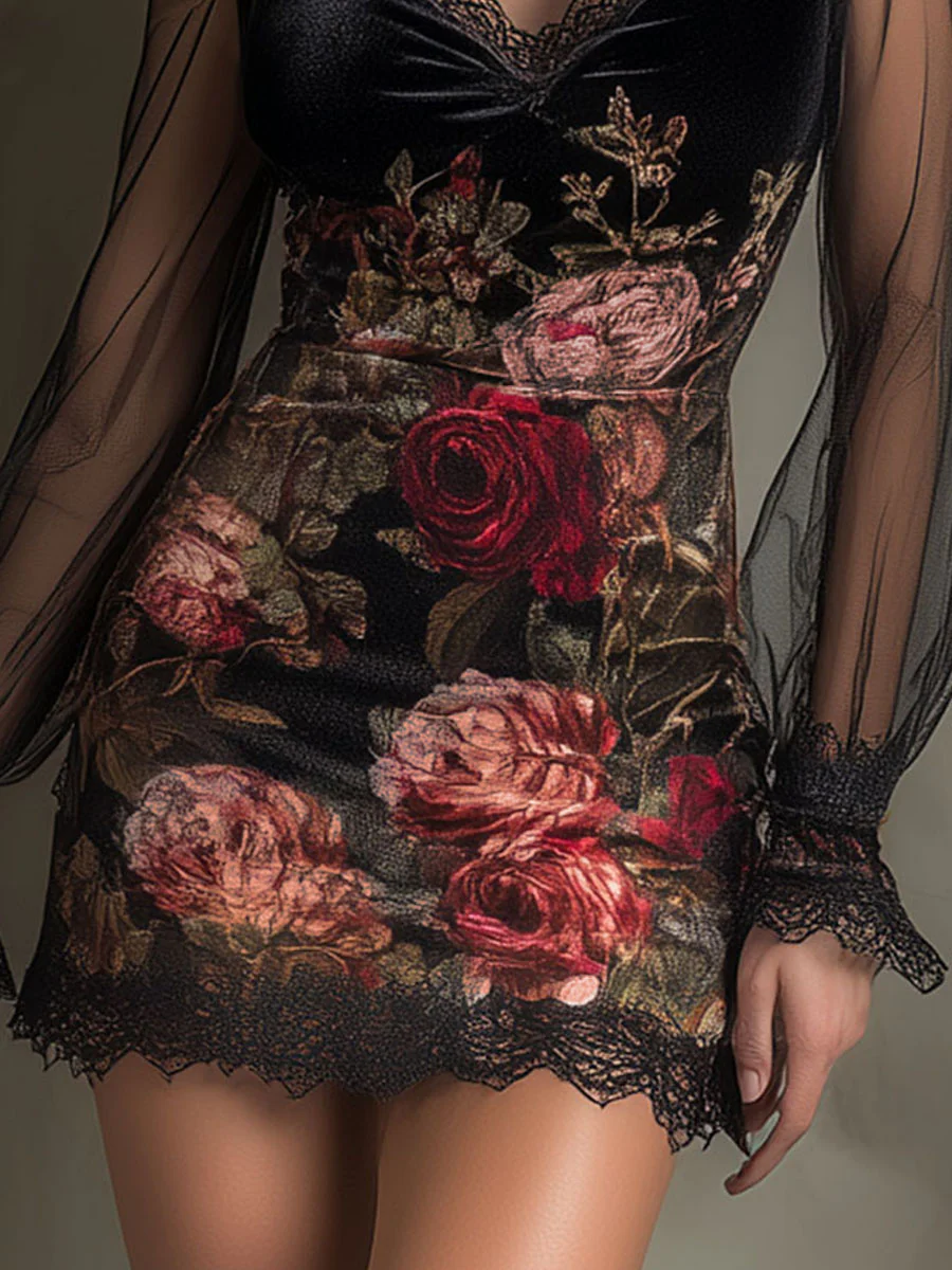 Velvet Rose Print Tulle Lace Trim Mini Dress-thevervian