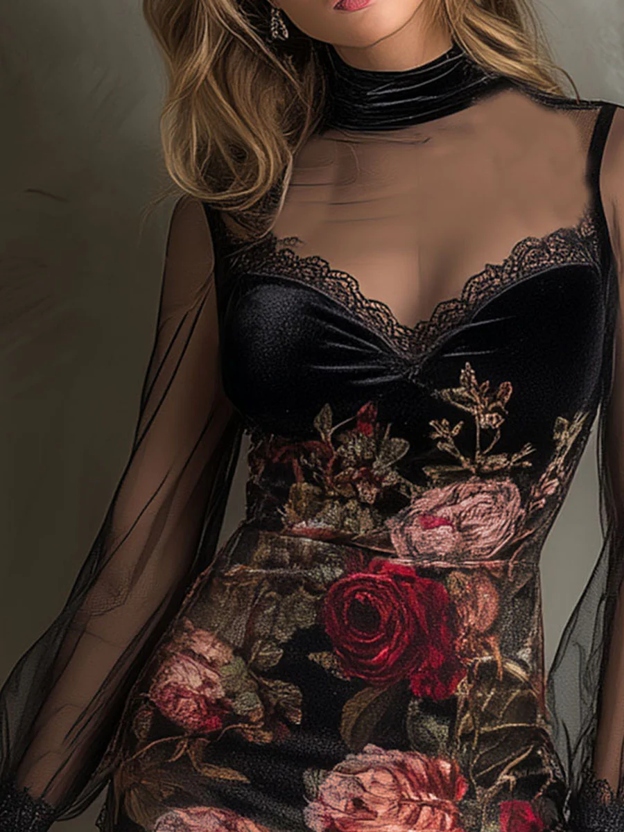 Velvet Rose Print Tulle Lace Trim Mini Dress-thevervian