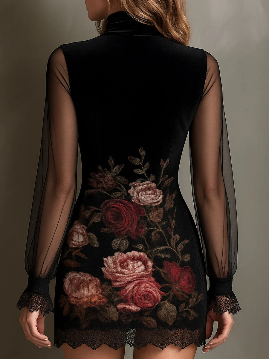 Velvet Rose Print Tulle Lace Trim Mini Dress-thevervian
