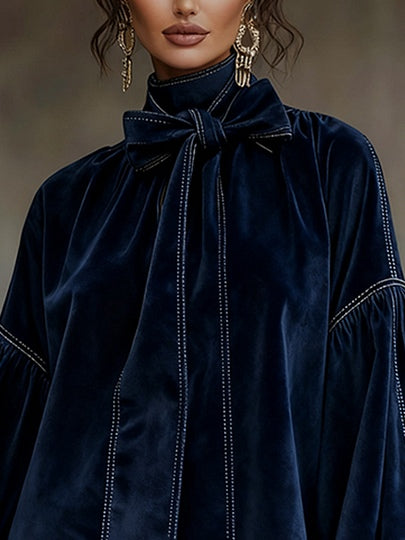 Dark Blue Velvet Bow Lantern Sleeve Mini Dress-thevervian