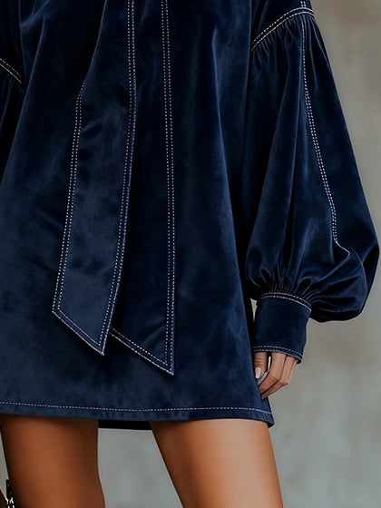 Dark Blue Velvet Bow Lantern Sleeve Mini Dress-thevervian