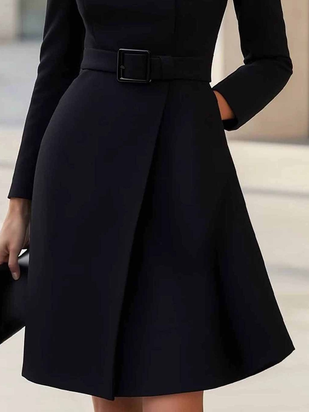 Elegant High-neck Tie-waist A-line Midi Dress (with belt)-thevervian