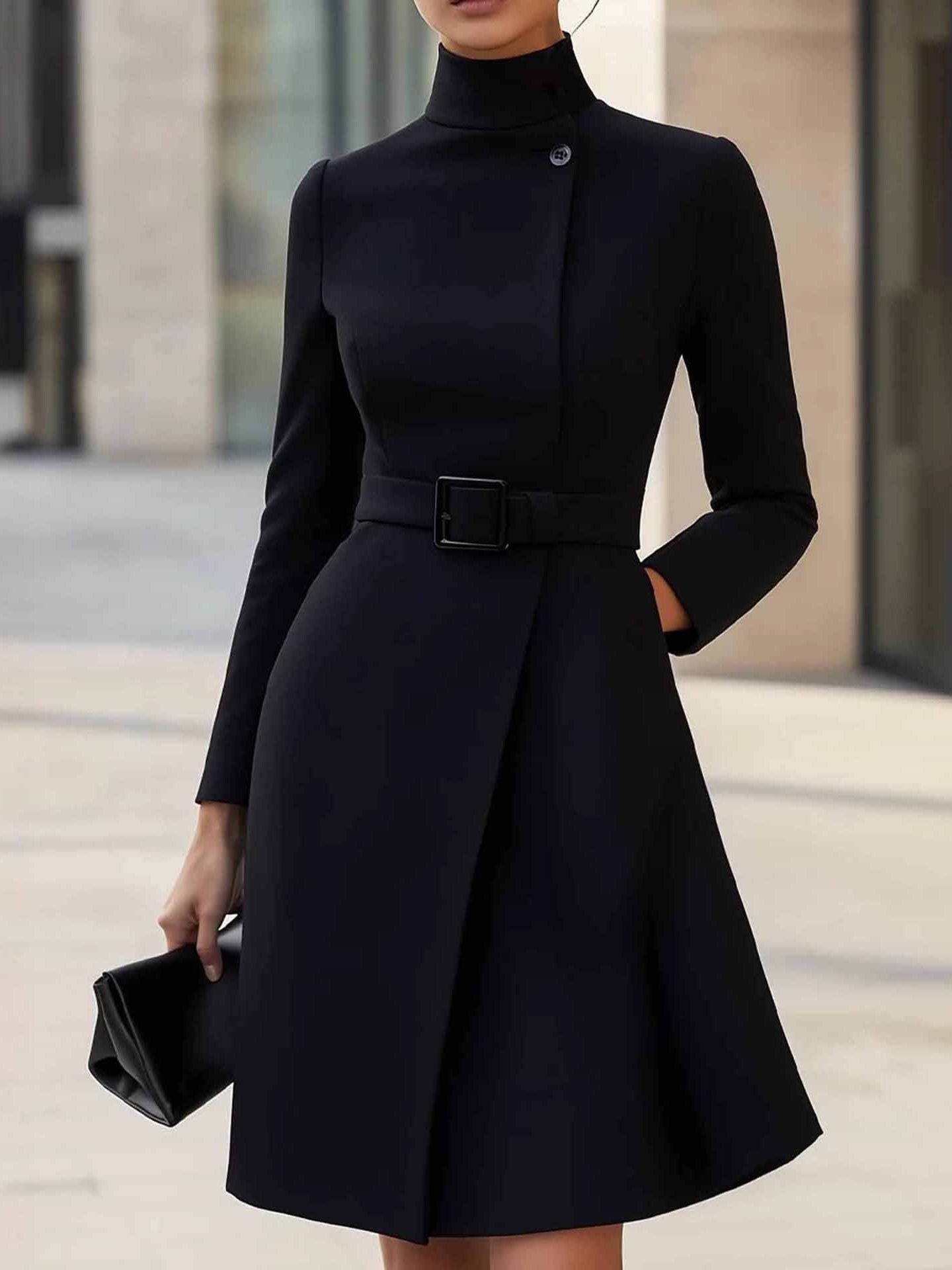 Elegant High-neck Tie-waist A-line Midi Dress (with belt)-thevervian