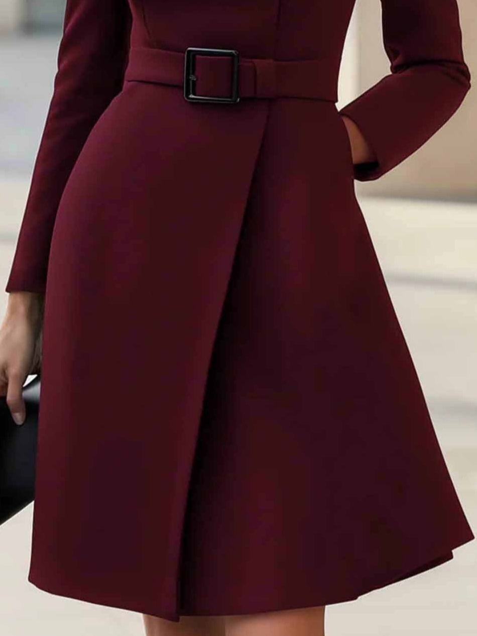 Elegant High-neck Tie-waist A-line Midi Dress (with belt)-thevervian