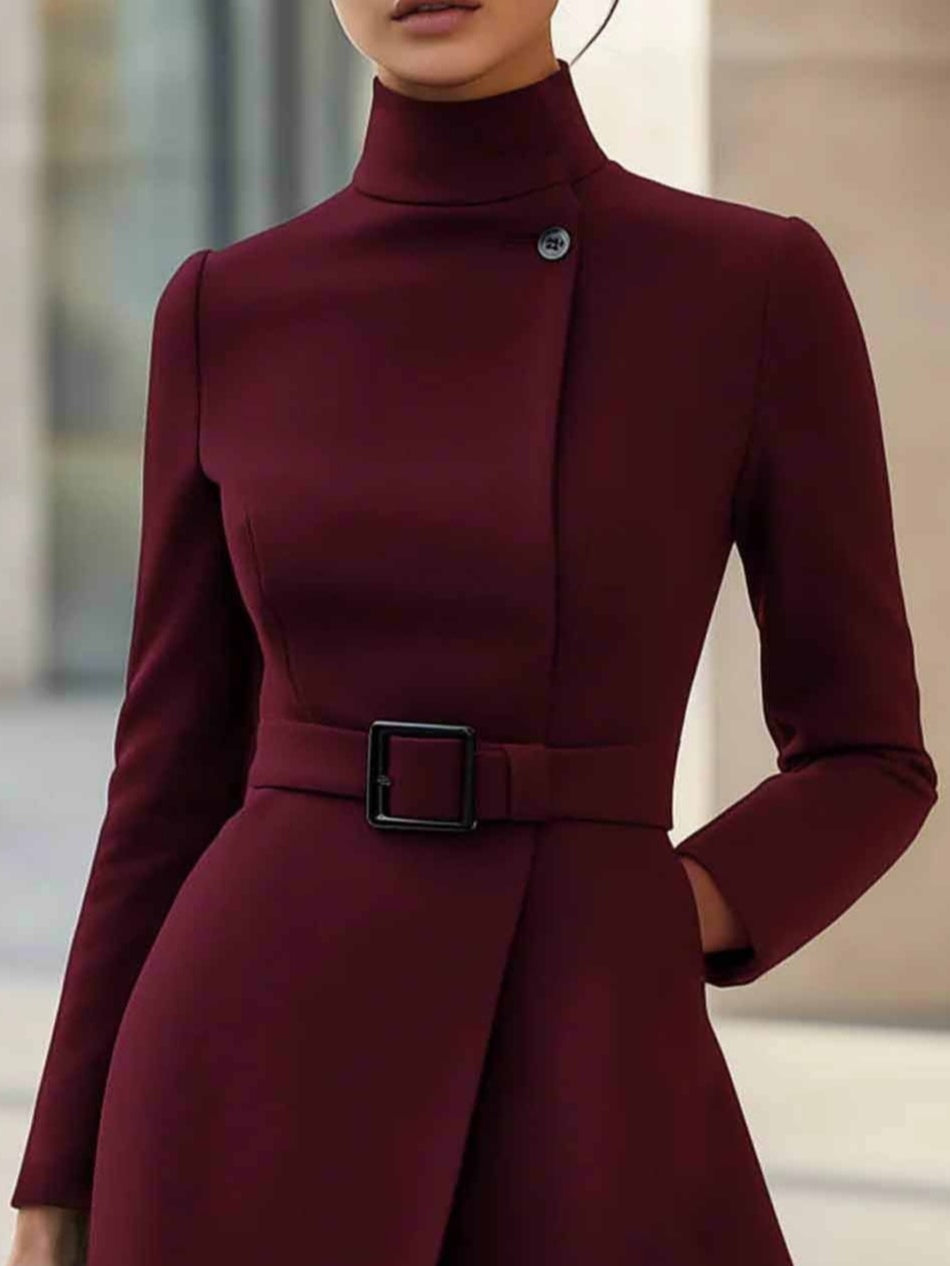 Elegant High-neck Tie-waist A-line Midi Dress (with belt)-thevervian