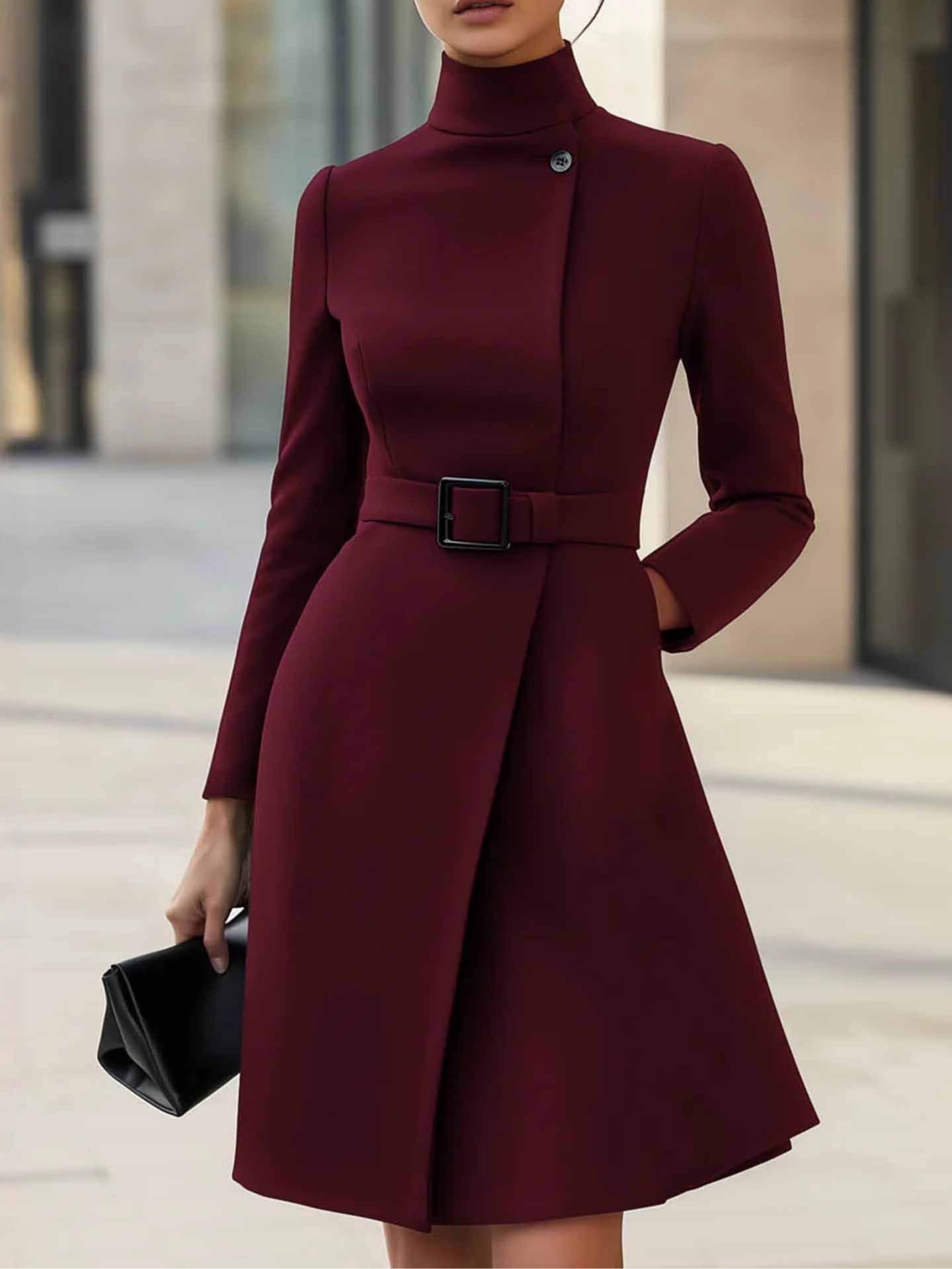 Elegant High-neck Tie-waist A-line Midi Dress (with belt)-thevervian