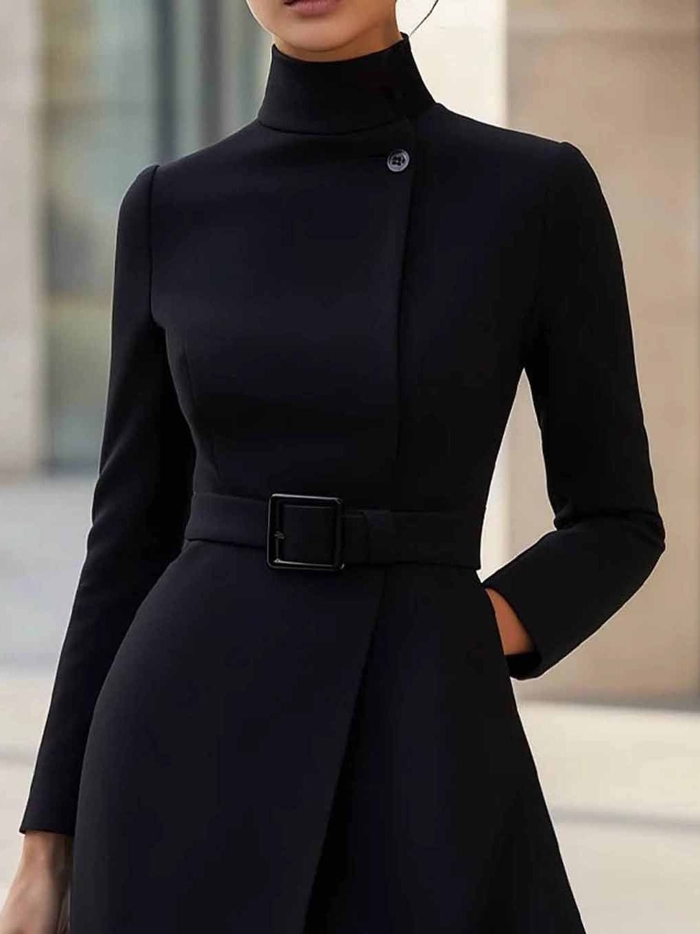 Elegant High-neck Tie-waist A-line Midi Dress (with belt)-thevervian