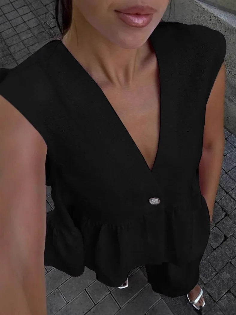 Cotton and linen V-neck ruffled two-piece suit-thevervian