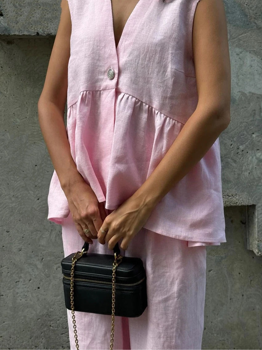 Cotton and linen V-neck ruffled two-piece suit-thevervian