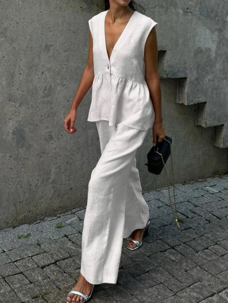 Cotton and linen V-neck ruffled two-piece suit-thevervian