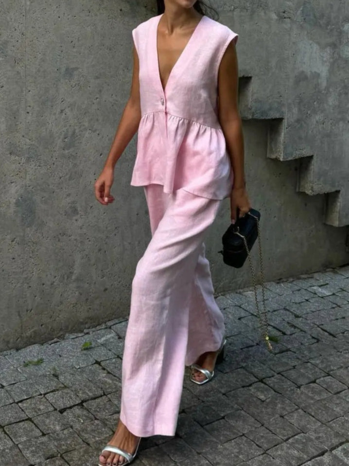 Cotton and linen V-neck ruffled two-piece suit-thevervian