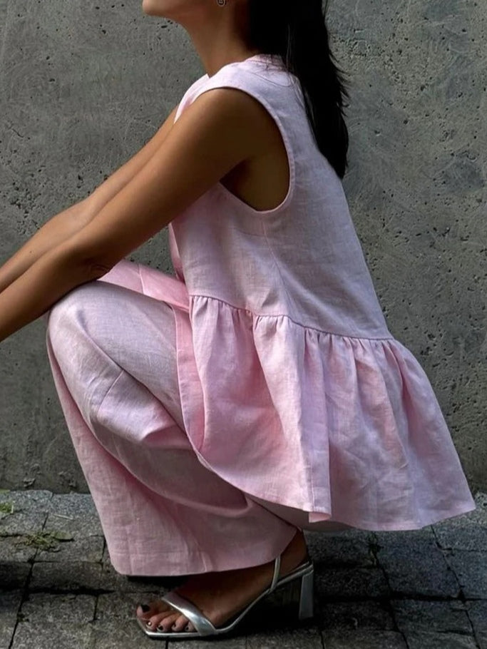 Cotton and linen V-neck ruffled two-piece suit-thevervian