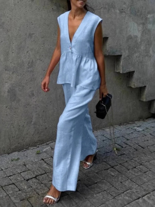 Cotton and linen V-neck ruffled two-piece suit-thevervian