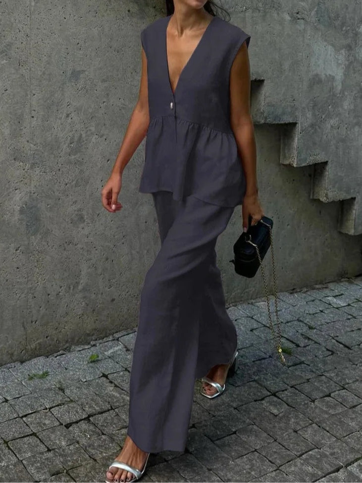 Cotton and linen V-neck ruffled two-piece suit-thevervian