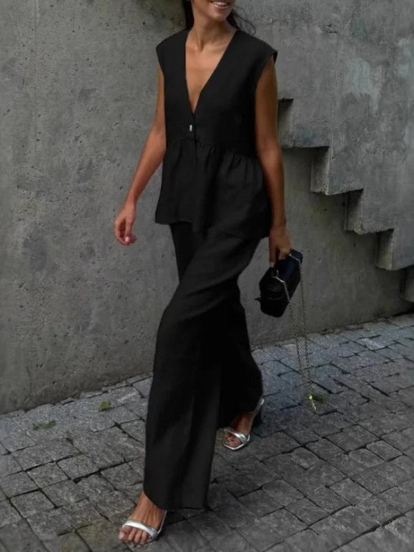 Cotton and linen V-neck ruffled two-piece suit-thevervian