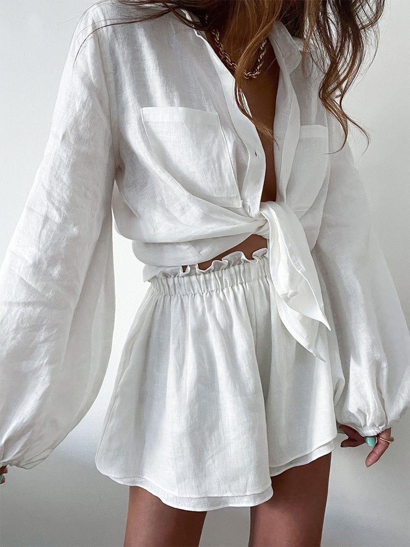 Balloon Sleeve Shirt Linen Two-Piece Shorts-thevervian