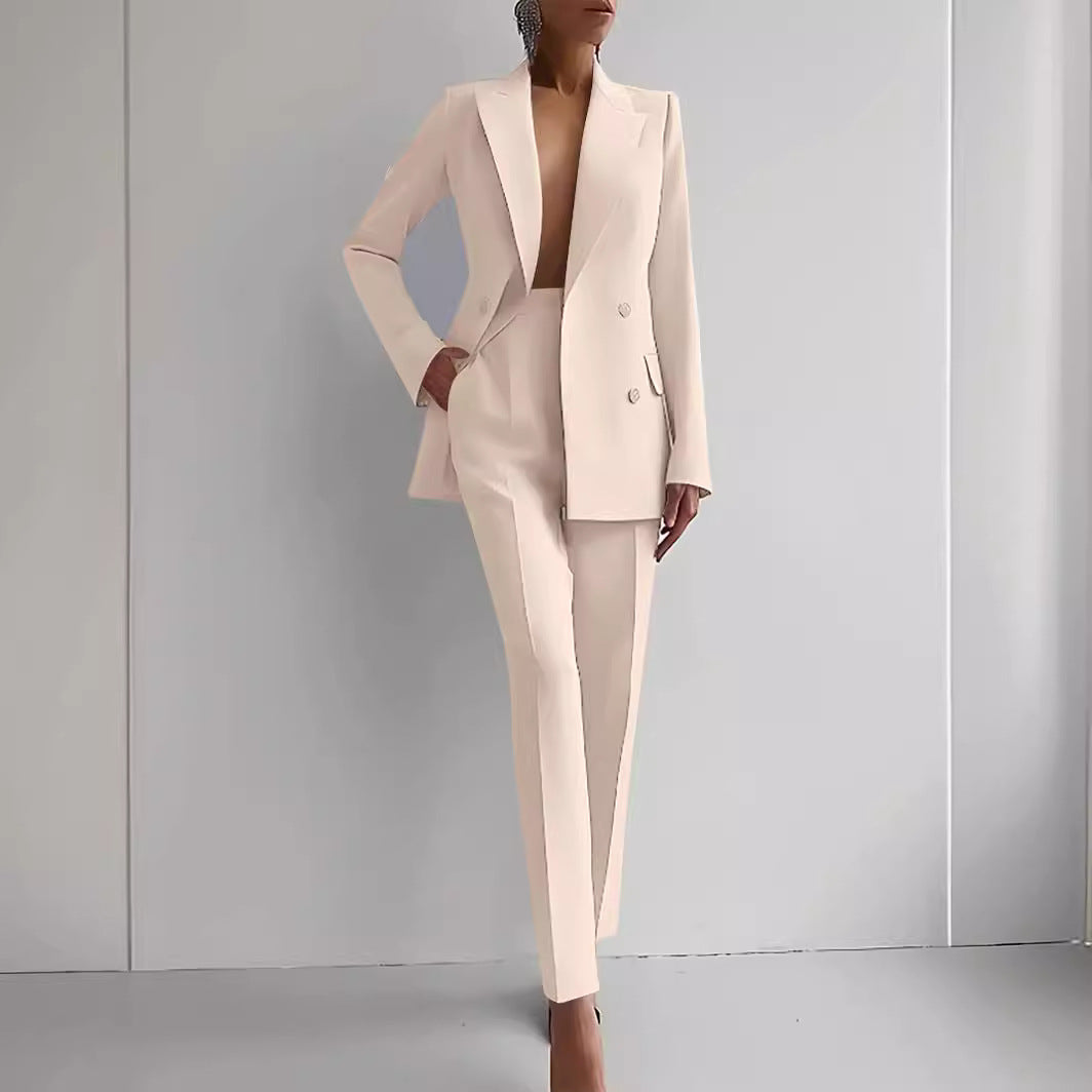 Casual Commuting Solid Color Blazer & High Waist Pants Set-thevervian