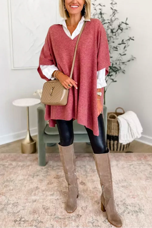 Chicest V Neck Loose Fit Solid Poncho Sweater-thevervian