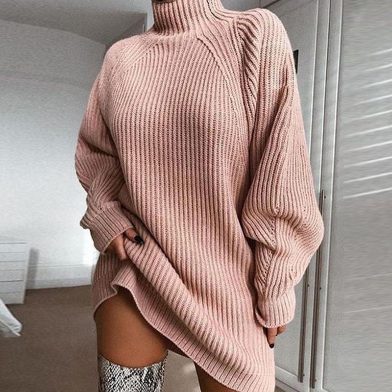 Daily Raglan Sleeves Turtleneck Sweater Dress-thevervian