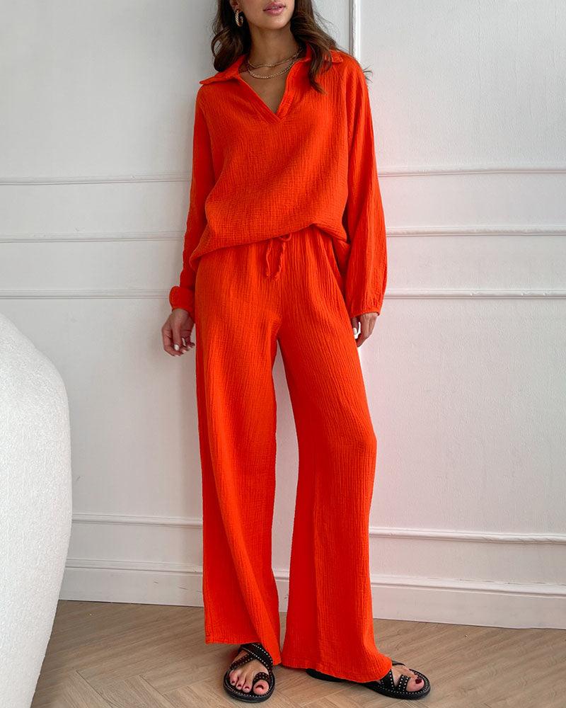 Autumn Simple V-Neck Casual Two-piece Set-thevervian