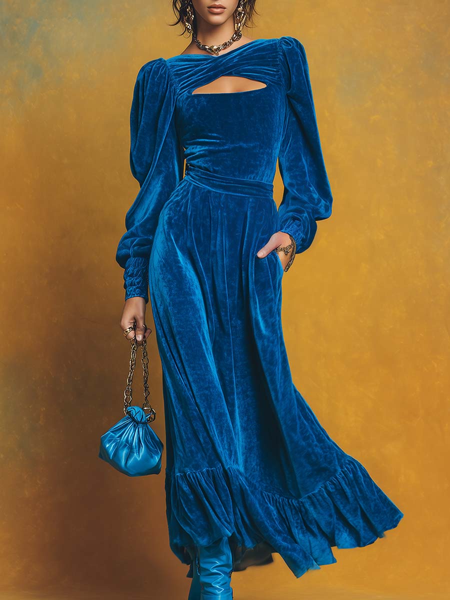 Retro-style velvet maxi dress with open neckline and puff hem-thevervian