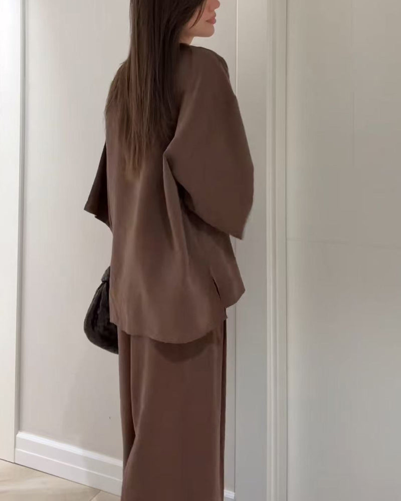 Casual V-Neck Top & Pants Two-Piece Set-thevervian